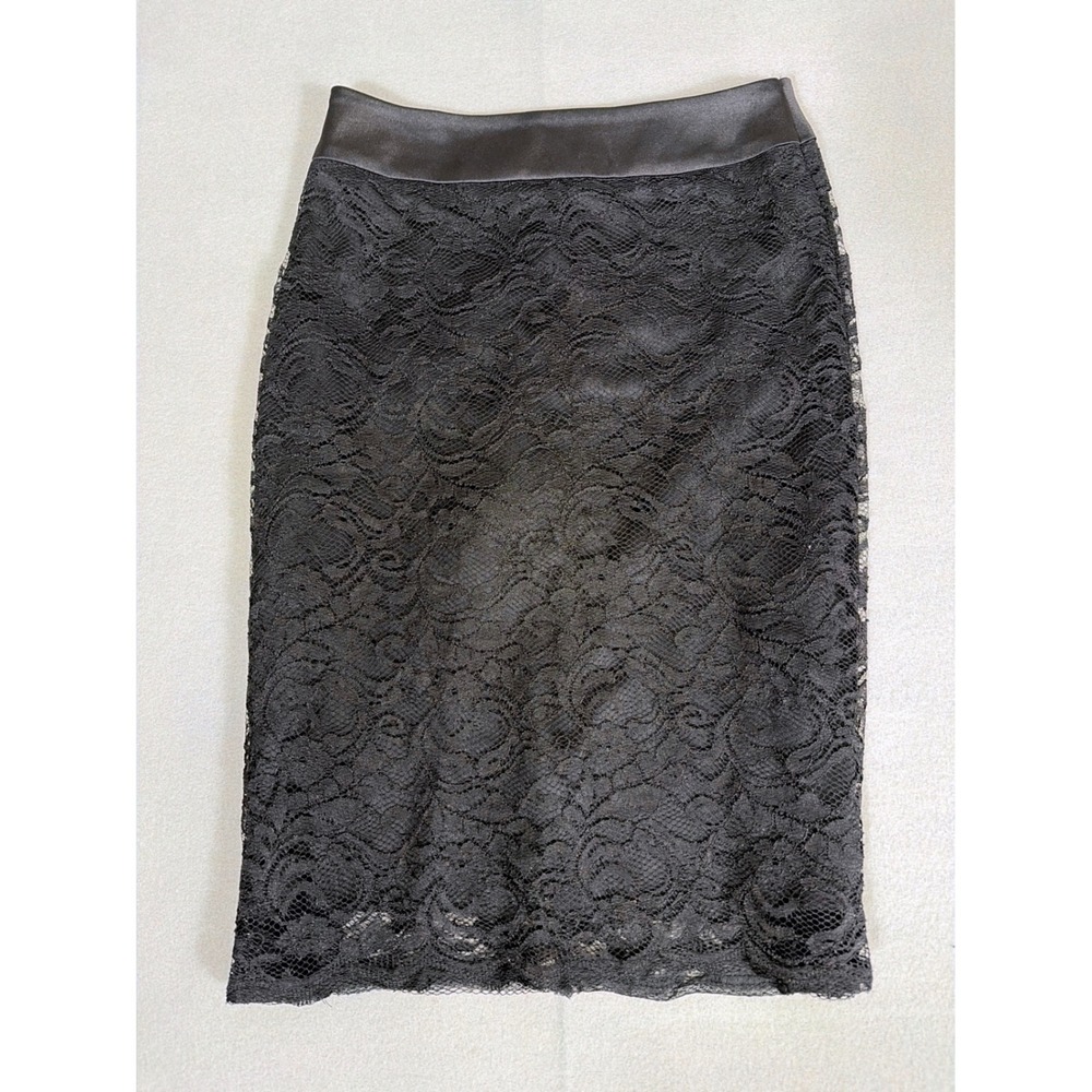 Roz & Ali Womens Black Floral Lace Pencil Skirt‎ Satin Trim Size 8 Knee Length